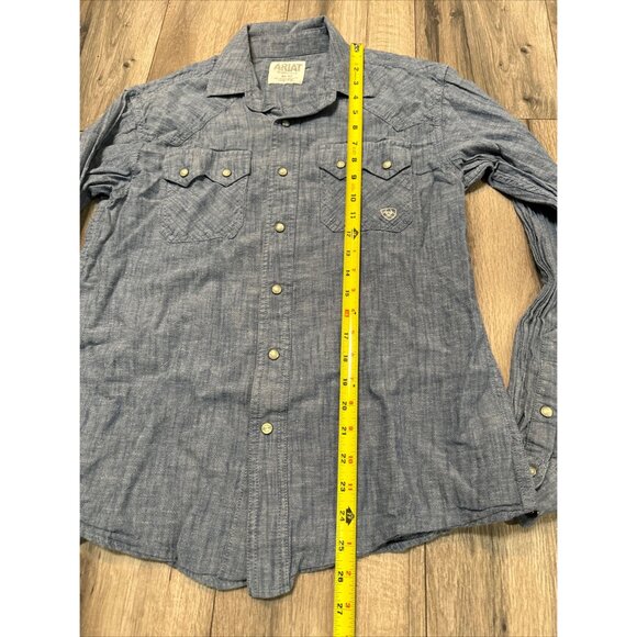Ariat Mens M Retro Fit Blue Denim Pearl Snap Long Sleeve Shirt Pockets - Picture 5 of 7